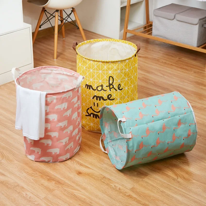 Bedroom Hamper Household  Clothes Bucket Clothes Storage Basket  Foldable Clothes Round Cotton Linen Basket Clothes Toy Storage 2