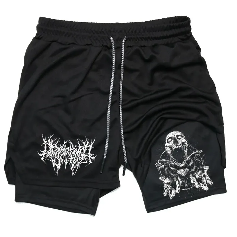 Y2K Performance Men Quick-drying Fitness Skull Print Double Layer Shorts Workout Training Running Bodybuilding work short pants 1