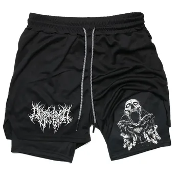Y2K Performance  Men Quick-drying Fitness Skull Print Double Layer Shorts Workout Training Running Bodybuilding work short pants 1