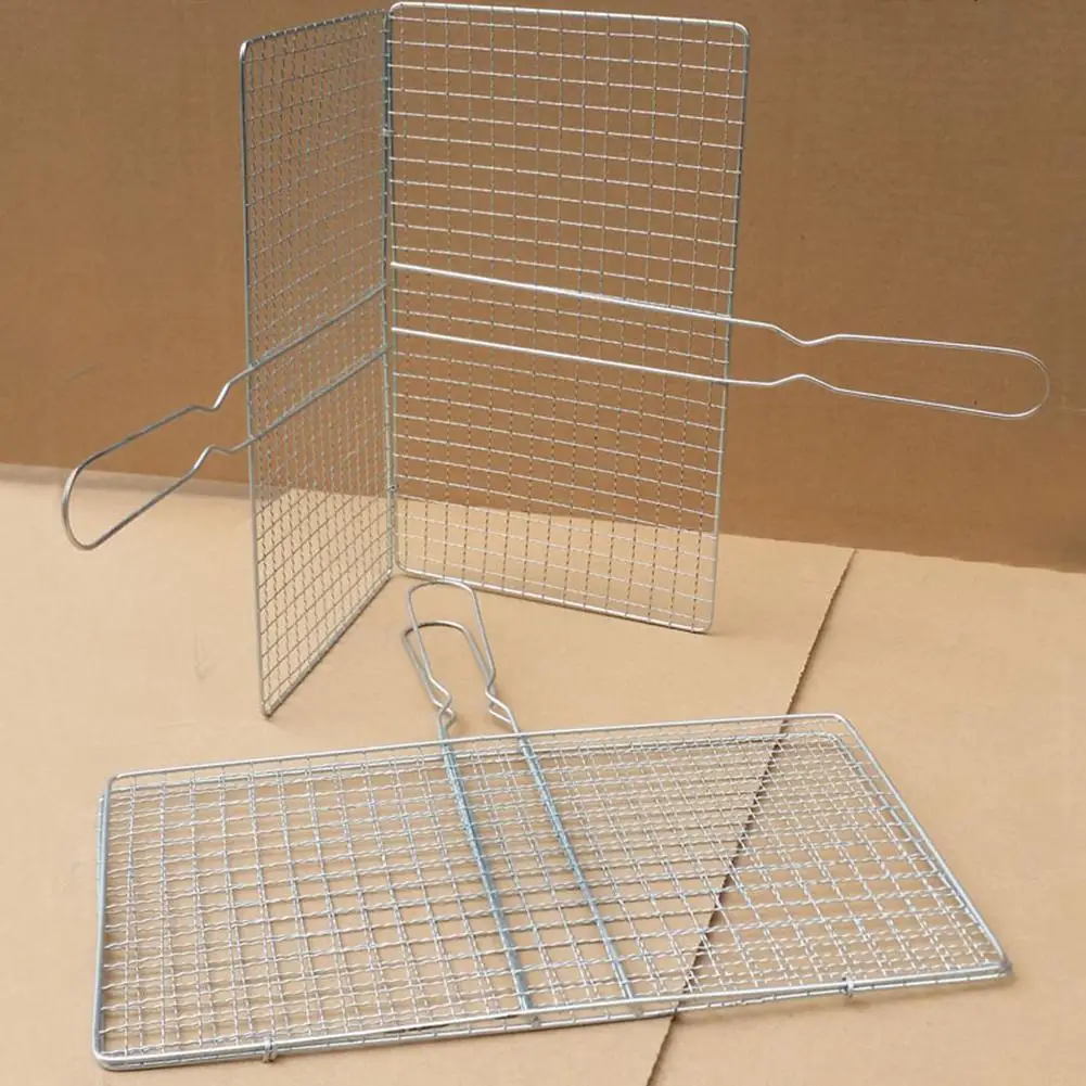 1PCS Stainless Steel Grill Net Barbecue Vegetable Fish Grilling Mesh Foldable Handle For Outdoor Camping Picnic BBQ Cooking Tool