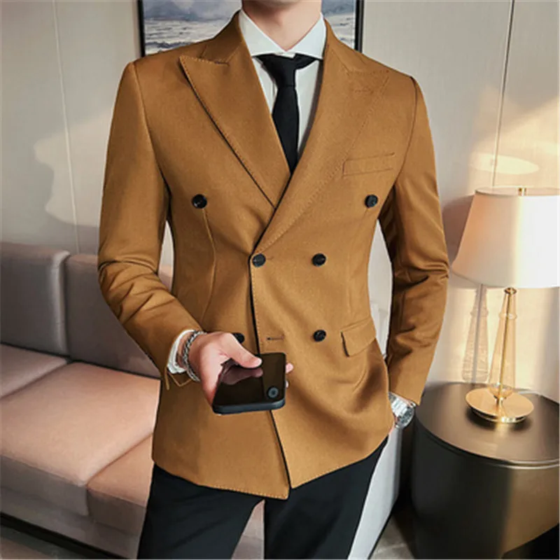 

Vintage Men Blazer Double Breasted Designer Casual Jacket Coat Solid Color Chaqueta Hombre Long Sleeve Suit Blazer Homme Autumn