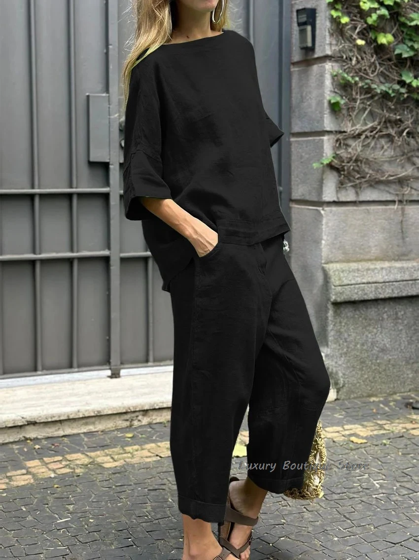 Half Sleeve Round Neck Summer T-shirts + Loose Long Trouser 2 Piece Set Women Outfits Pocket Loose Cotton Linen Summer Pant Sets