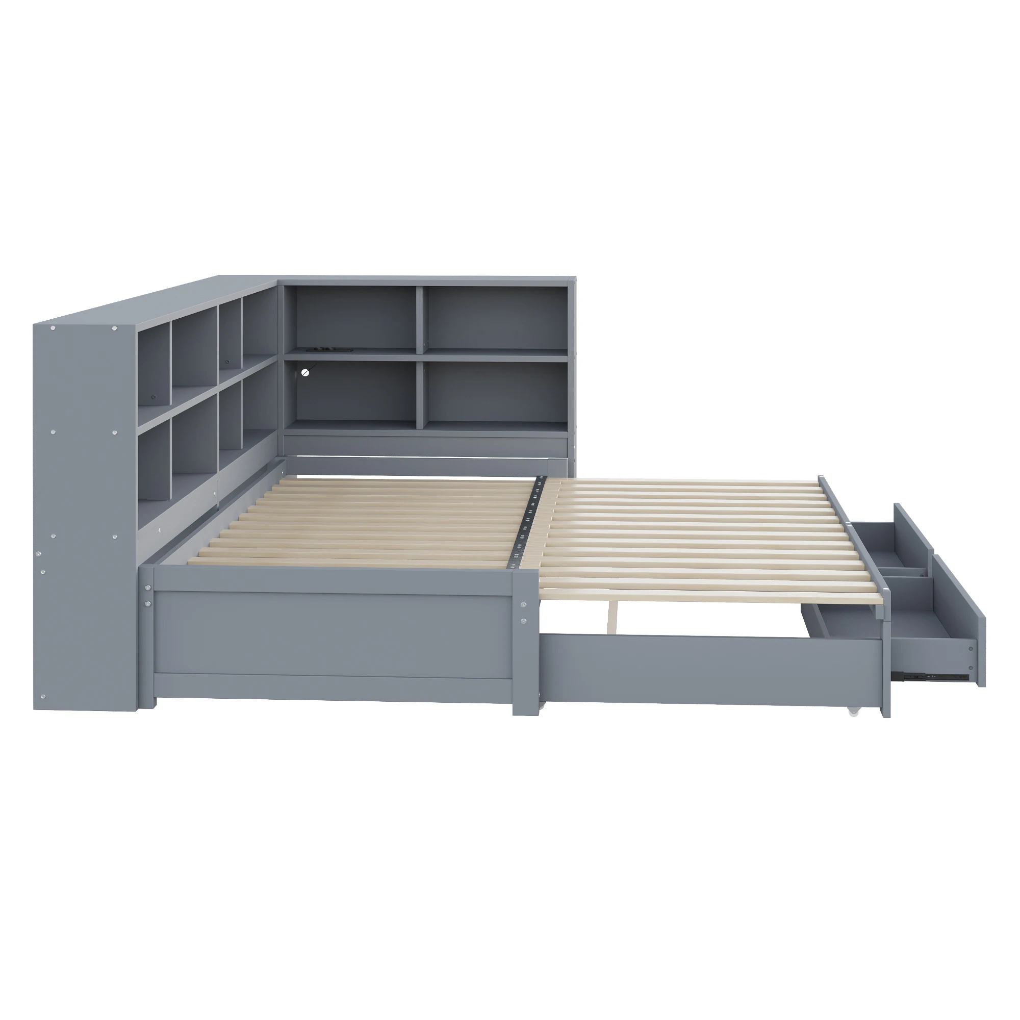 KOMHTOM Multifunktionales Einzelholzbett 90x180x190 cm mit ausziehbarem Bett Staufach multifunktionaler Euro Steckdose Schublade – Detail 5