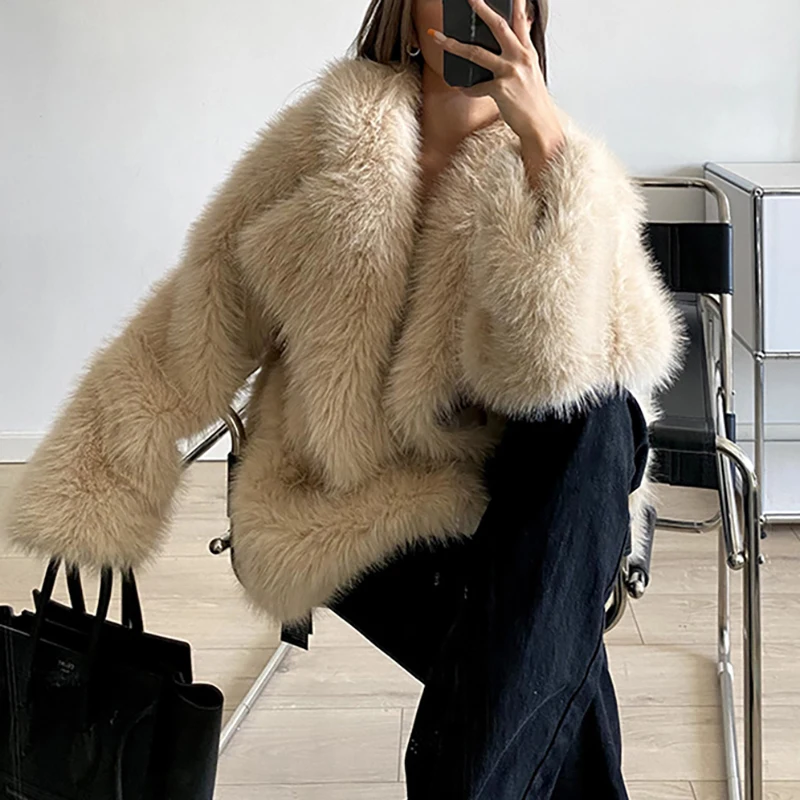 Autumn Winter New Turn-down Collar Imitation Fur Coat Female Korean Version Solid Loose Mid-length Jacket Warm Fashion Cardigans