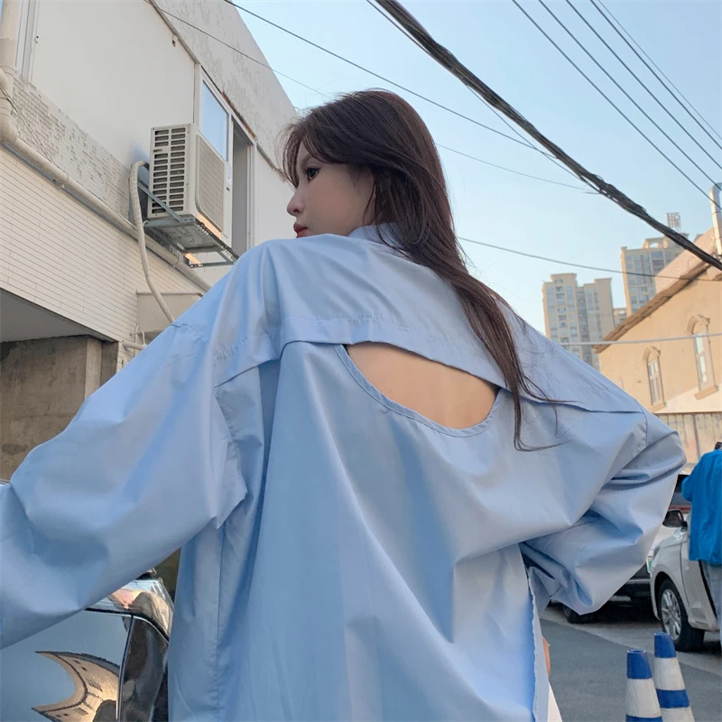 Korean Fashion Hollow Shirts Women Simple New Button Down Long Sleeve White Oversized Blouse Tops Mujer M-XL