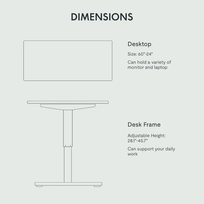 Whole Piece Standing Desk, 60 x 24 Inches Height Adjustable Desk Electric Sit Stand Desk for Home Office 5