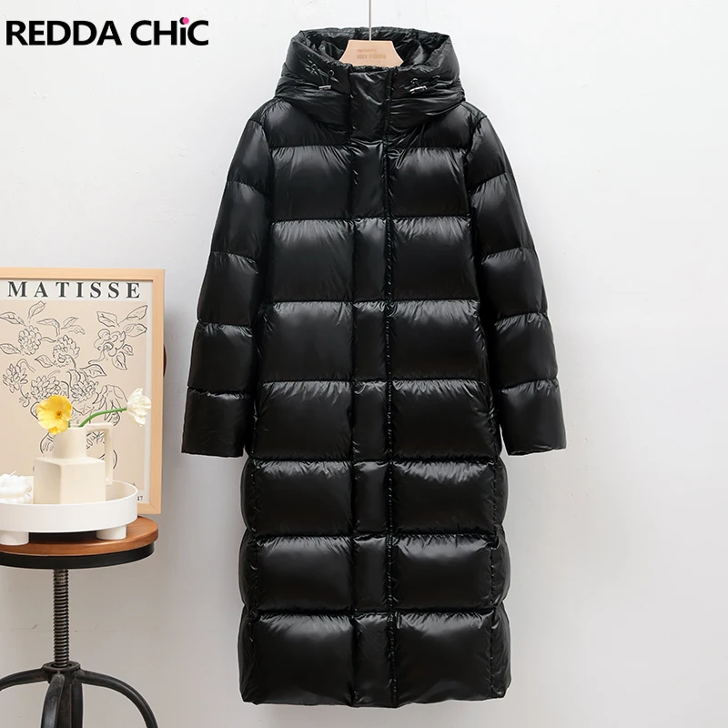 ReddaChic Gold Thermal Women Down Jacket with Hood Casual Solid Black Long Sleeve Parkas Puffer Quilted Coat Warm Winter Outwear