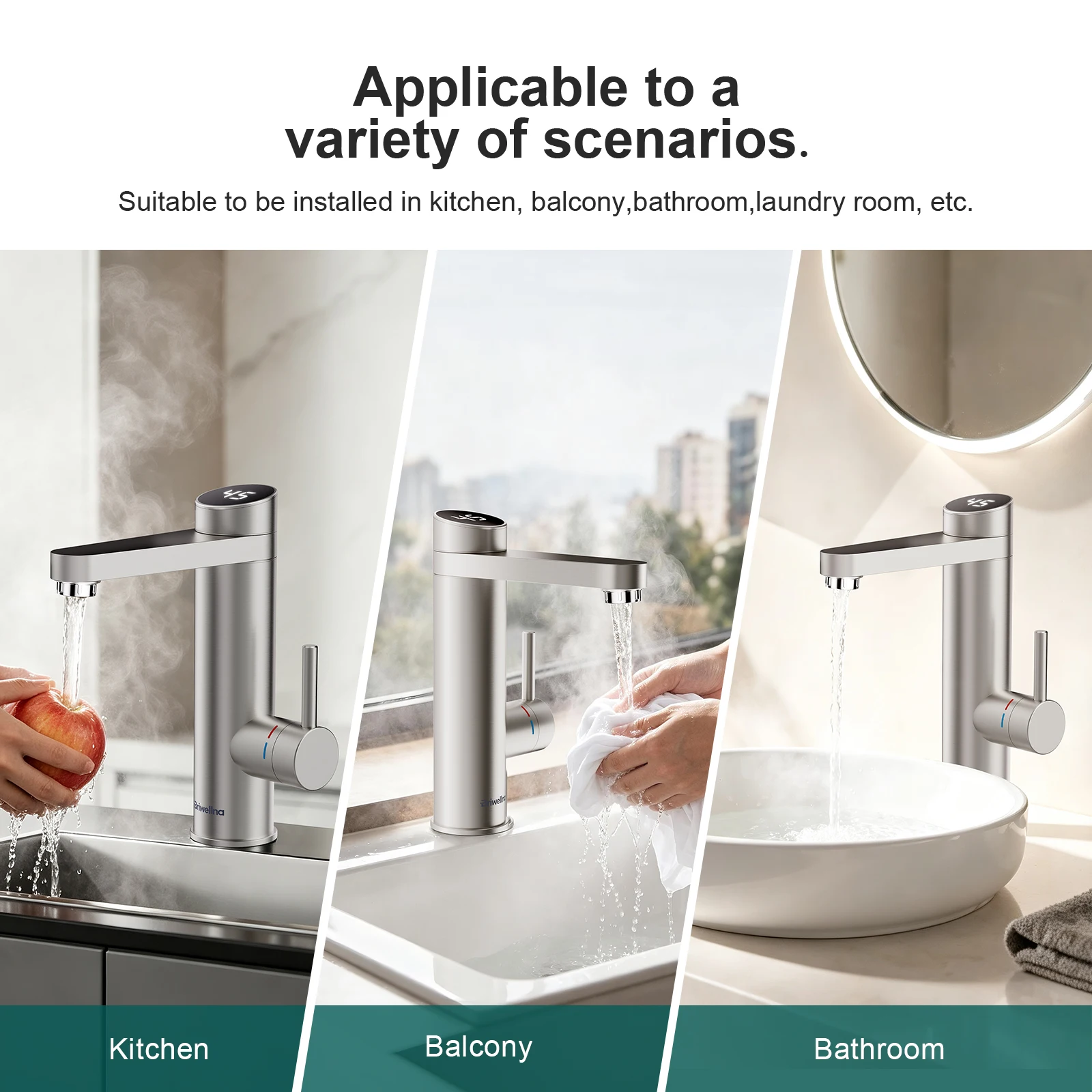 Briwellna Electric Water Heater Tap 220V Bathroom Faucet 120° Rotation Silver Tankless Water Heater Tap Stainless Steel Faucet 5