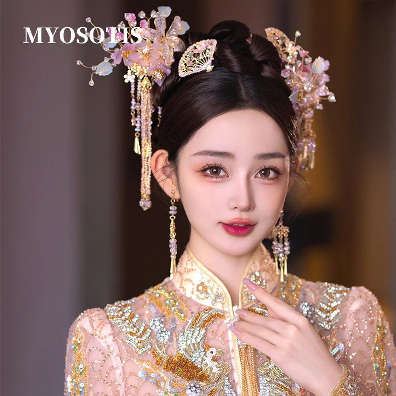 

New Chinese Style Xiuhe Clothing Headdress Phoenix Crown Bride Elegant Flower Purple Hanfu Wedding Ancient Costume Hairpins Set