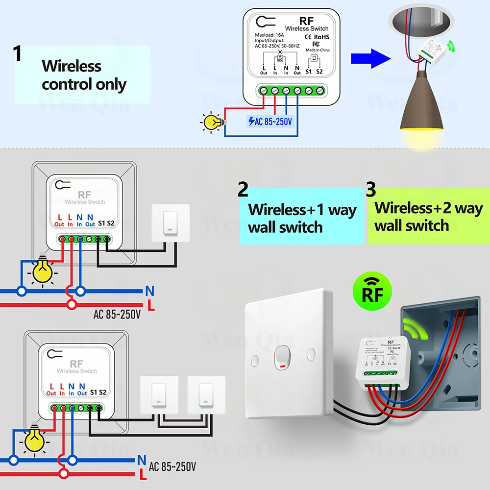 RF 433Mhz 16A Wireless Smart Light Switch 110V 220V 230V Mini DIY Remote Control Module Wireless Wall Panel Swtich for LED Lamp