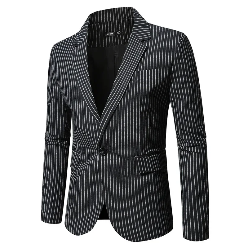 Men's Autumn New British Style Single Button Suit Jacket, Men Casual Fashion Striped Slim-fit Long-sleeve Business Suit Jacket