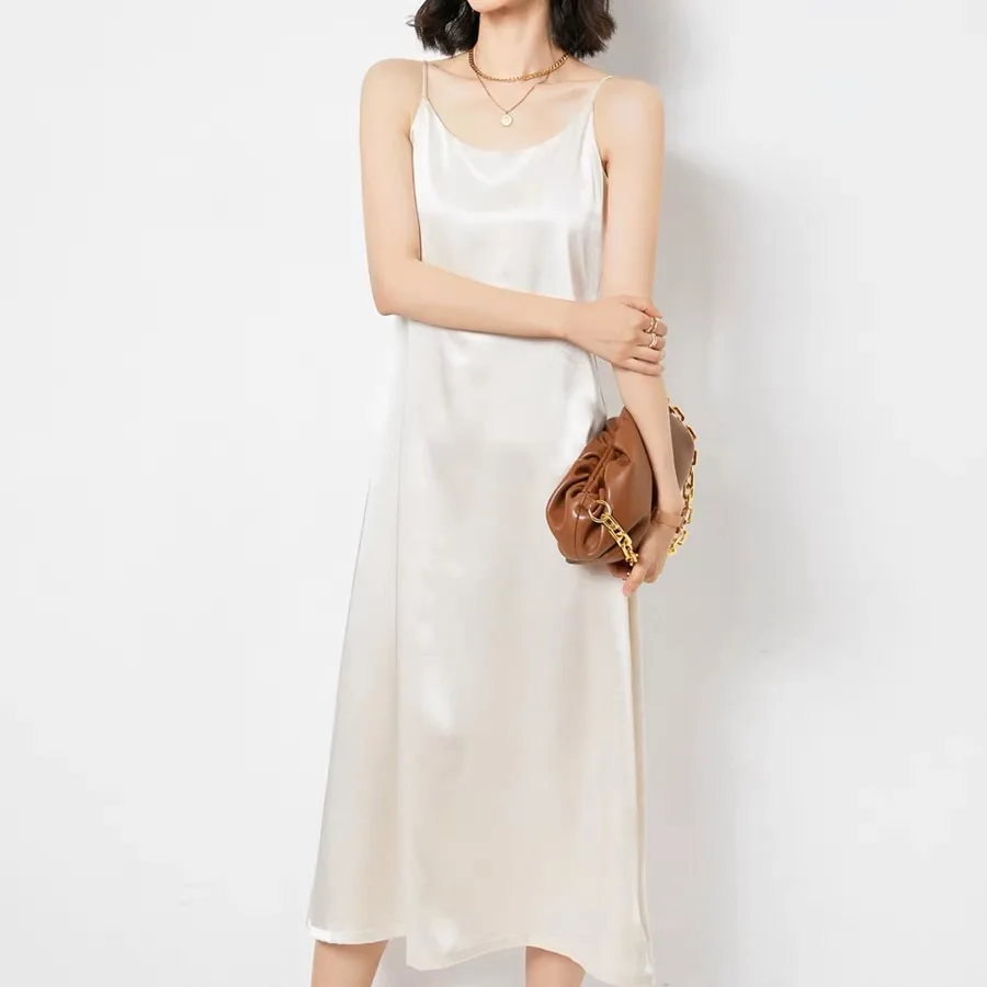 

slip skirt women wear slash-neck satin spaghetti strap loose flare sexy long dress