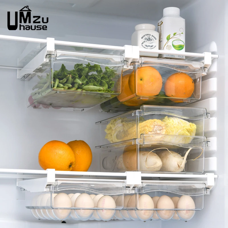 Fridge Drawer Box Eggs Fruit Vegetable Food Storage Slide Tray Case Refrigerator Divided Holder Hanging Shelf Kitchen Organizers