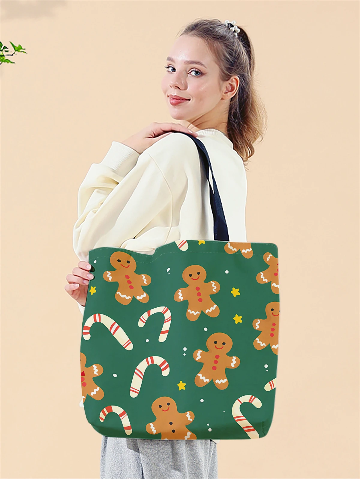 1pc,Christmas cane handbag, reusable fashionable handbag, multifunctional handbag, printed canvas shopping bag