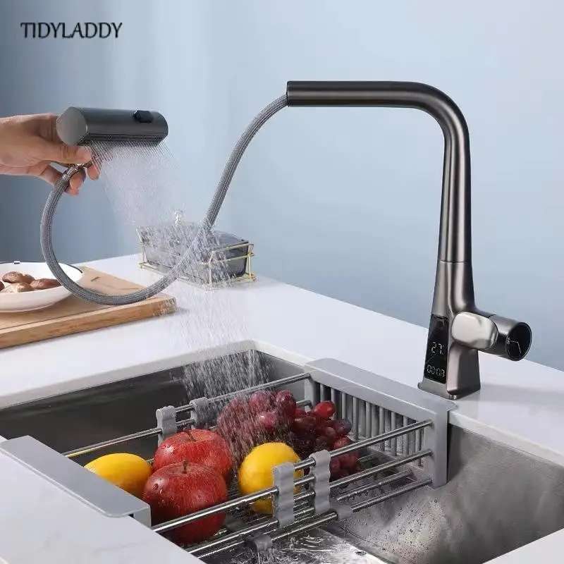 Multifunctional Pull-Out Waterfall Kitchen Faucets Rotatable Kitchen Sink Water Tap with Digital Display Kitchen Accessorie