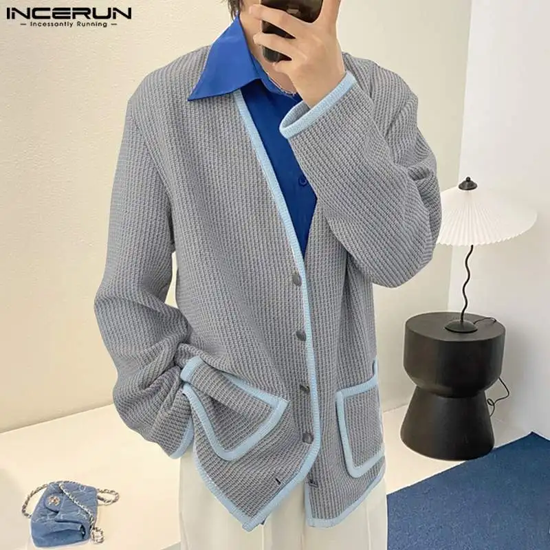 INCERUN 남성용 니트 가디건 블라우스, 패치워크 대비 질감 셔츠, 레저 스트리트웨어, 한국 스타일 상의, S-5XL, 2023