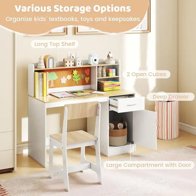 Wooden Kids Desk and Chair Set with Storage for Ages 5-12 in White