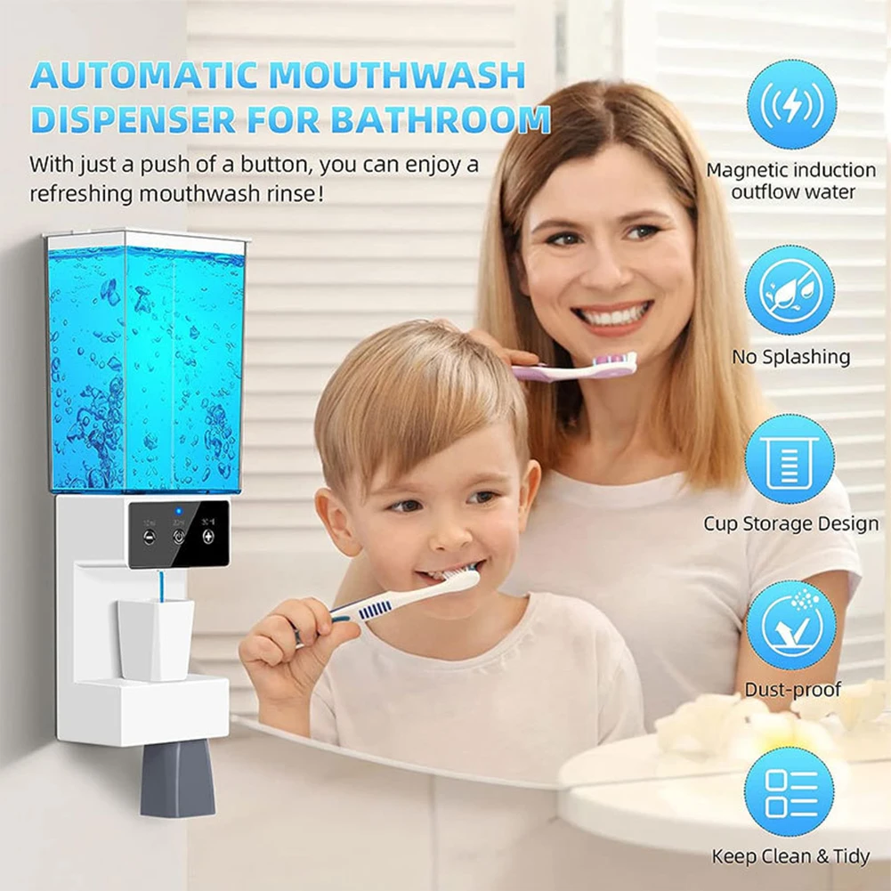 Automatic Mouthwash Dispenser With 2pcs Magnetic Cups For Household Oral Health Bathroom Wall Mounted 700ml 14.8x4.25x2.7inch 6