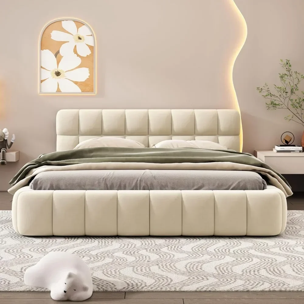 Modern Queen Upholstered Bed Frame with Wingback, Linen Low Plattform Bed, No Box Spring Needed Beige 3