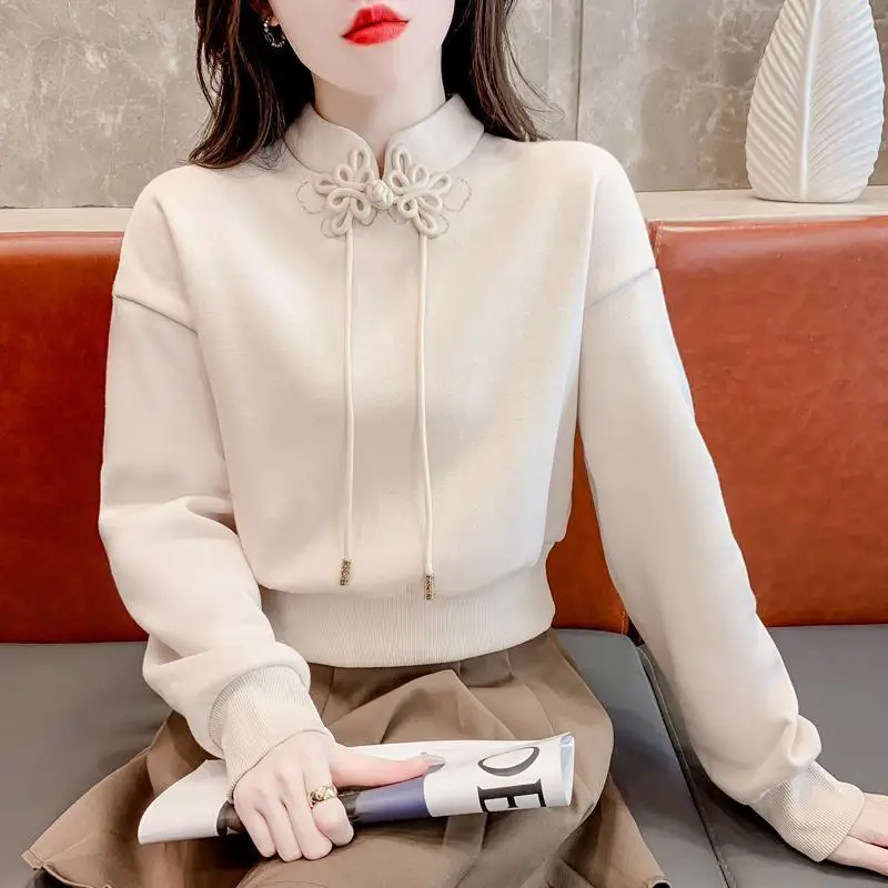 Elegant Stand Collar Solid Color Button Lace Up Blouses Women's Clothing 2023 Autumn Winter Loose Korean Tops Office Lady Shirts