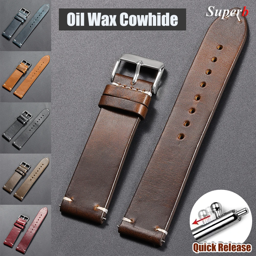 Vintage oil wax leather watchband 18mm 20mm 22mm 19mm 21mm 24mm universal stitching cowhide strap for Omega for Seiko