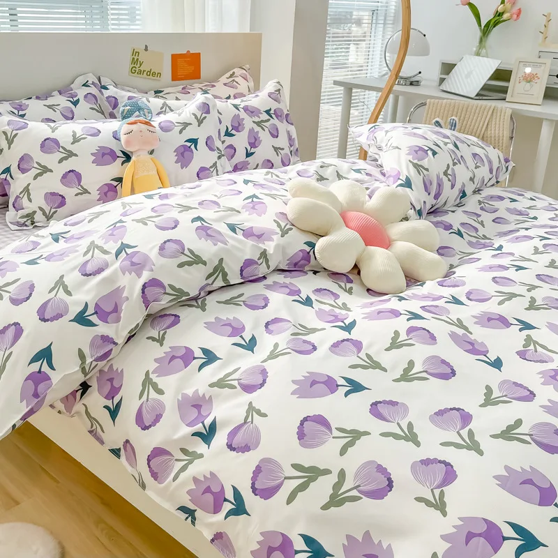 

Ins Purple Tulip Flower Bedding Set Fashion Pastoral Duvet Cover With Pillow Case Bed Sheet Girls Bedclothes King Queen Size