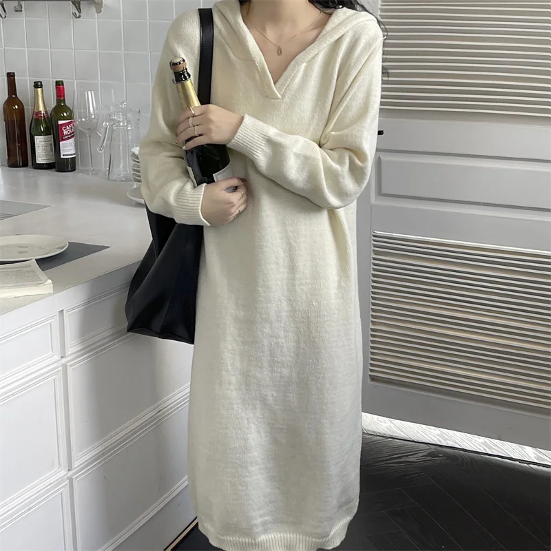 

2023 New Autumn and Winter Hooded Knit Loose Dress Free Shipping