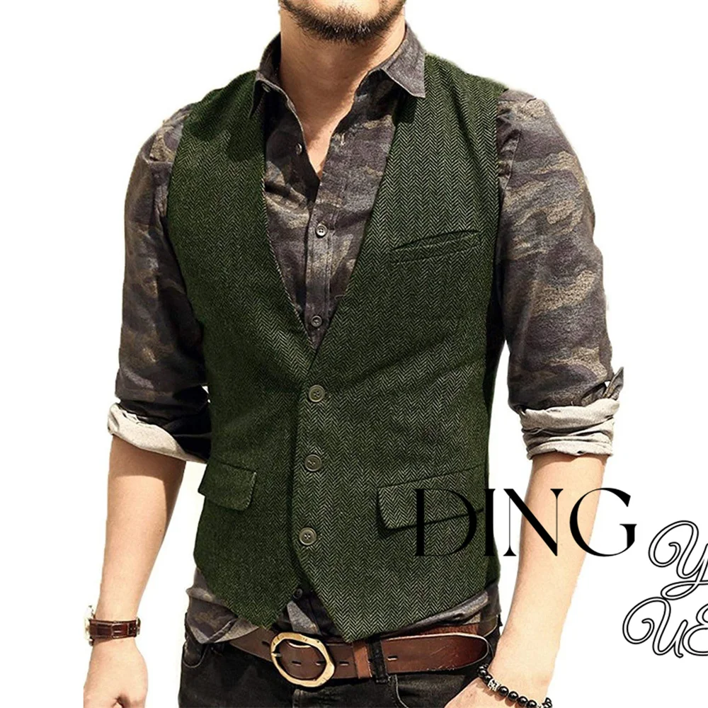 

Men's Suit Vest Brown Wool Tweed Business Waistcoat Jacket Casual Slim Fit Gilet Homme Vests For Groosmen Man Wedding