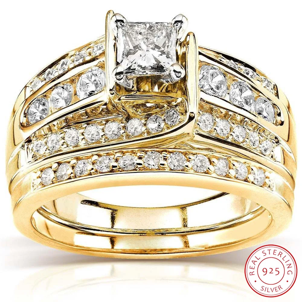 

Комплект из двух колец с бриллиантами для женщин, элегантное Ювелирное Украшение из 18-каратного золота с вырезами принцессы, геометрический дизайн с цирконием, Хороший Подарок на годовщину