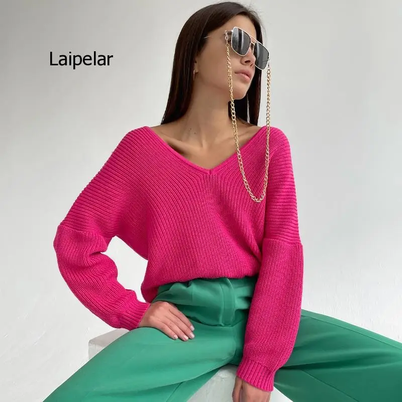 

Женский вязаный свитер с V-образным вырезом и длинным рукавом