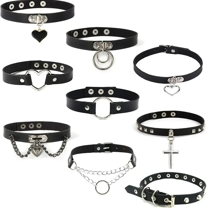 Gothic Choker Necklaces Women Girls Rivet Leather Rock Kpop Punk Collars Black Cool Collar velvet choker necklaces,metal choker necklace,lace choker necklaces,women jewelry
