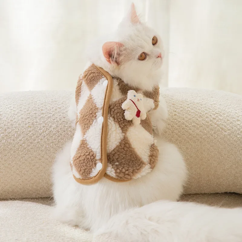 다이아몬드 모양 그리드 고양이 따뜻한 양털 조끼 가디건, 중소형 강아지 애완견 옷, 가을 및 겨울