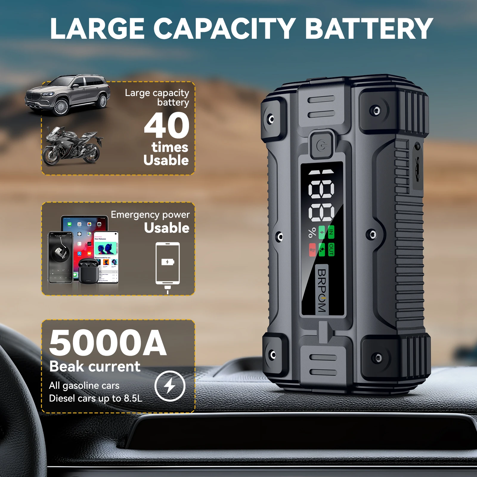 Power Bank 4000A/5000A 12V Car Battery Jump Starter jump starter car jump starter Portable Charger Car Booster Starting Device Petrol Diesel Emergency Booster