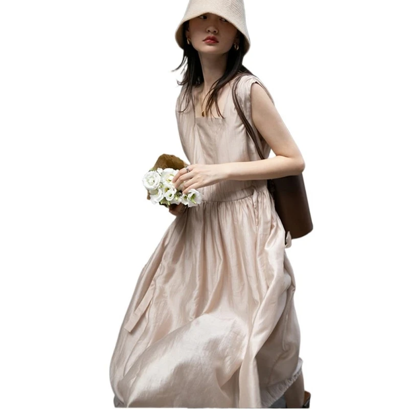 

Модное однотонное платье Lyocell для женщин, Новинка лета 2023, длинные платья без рукавов с квадратным вырезом, в стиле пэчворк, Элегантное повседневное женское платье