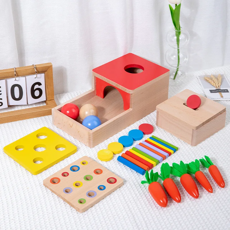 

Early Education Series 4in1 Montessori Teaching Aid Drawer Coin Box Wooden Ball Box Target Box Fine Action Pull Radish Toy