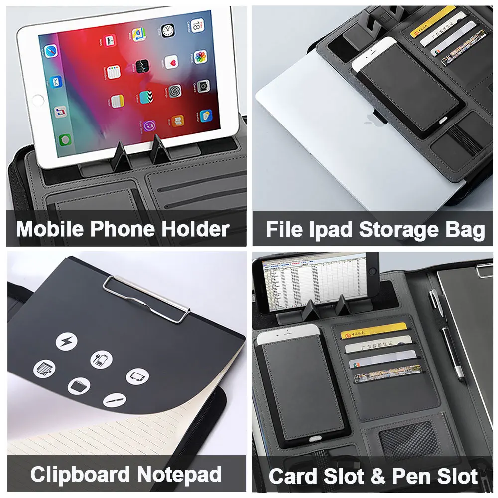 Leather Folder Office Padfolio Portfolio Padfolio Folder for Documents Organizer with Clipboard 16G U Disk & Notepad PU Leather Business Briefcase