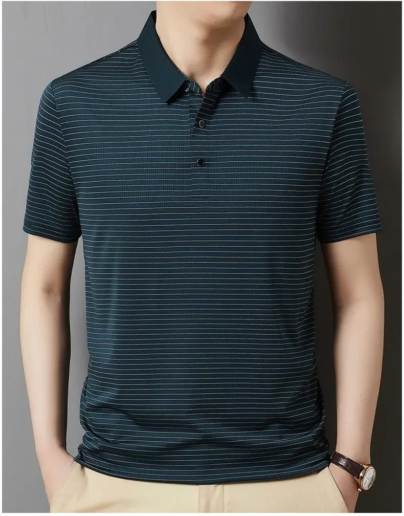 Dad's Top Summer Ice Silk Men's Thin Versatile Breathable Striped POLO Shirt Dad's Casual Short-sleeved Top 11 Sdc8e15c100d14e54952e8e9461af4b59B