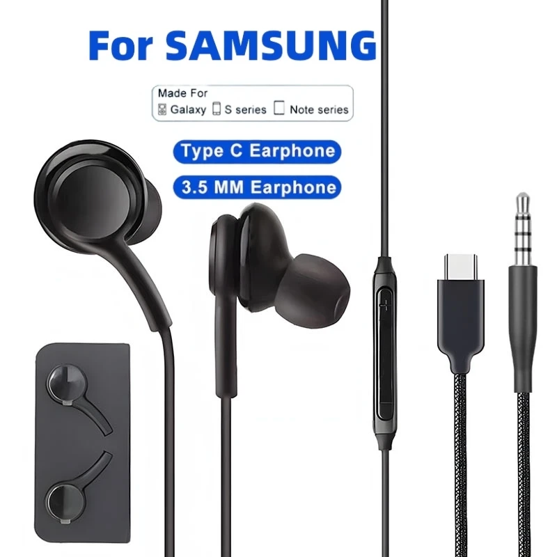 Original Type C Wired Earphone For Samsung Galaxy S23 S21 S22 Ultra Plus 3.5 mm Earbuds Headphones A54 A34 A53 A53 Accessories wired earphone
