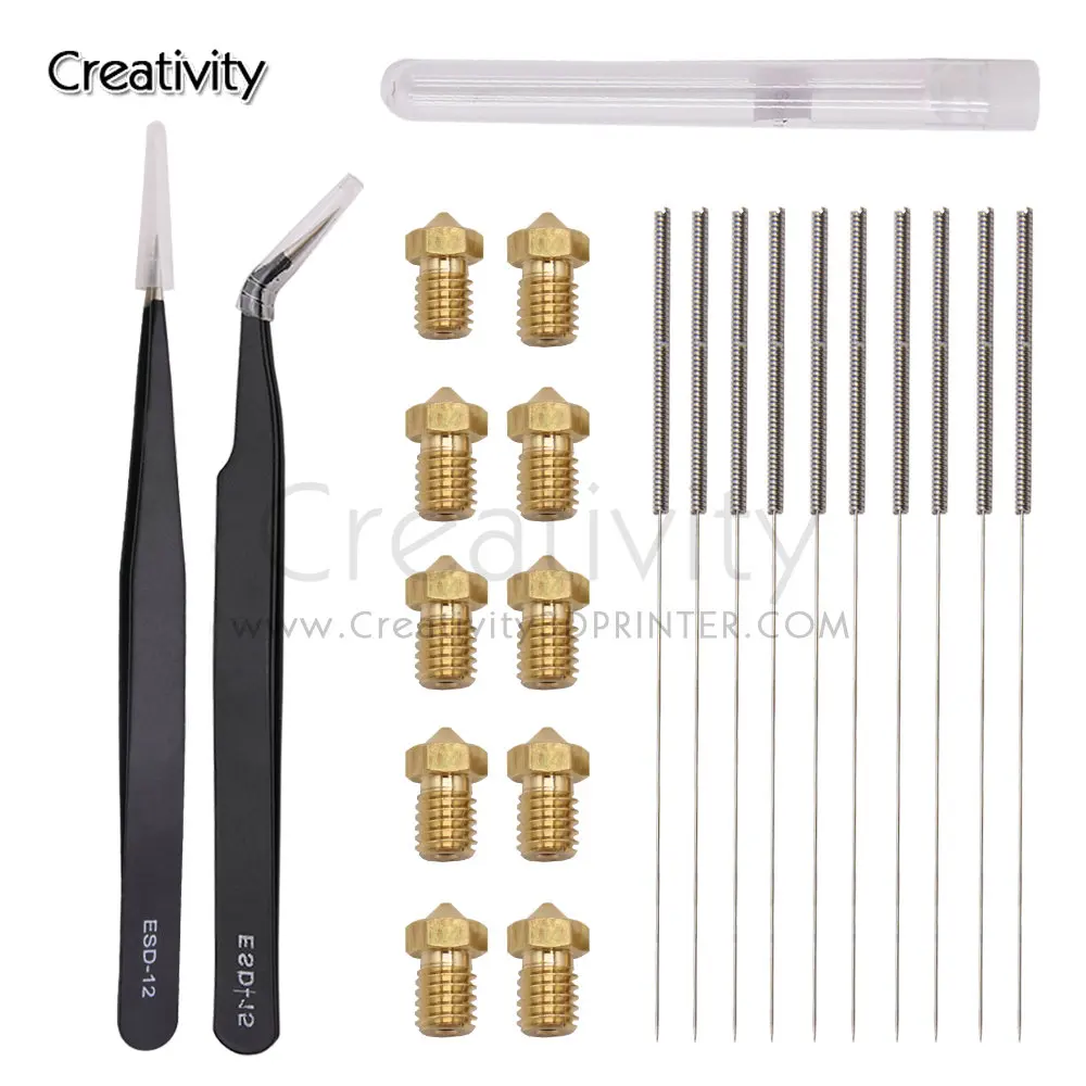 22PCS 3D Printer Nozzle and Cleaning Kit 0.4 mm Mk8  V6 Nozzles 0.4 mm Needles and Tweezers Tool Kit ESD12/15 3D Printer Parts