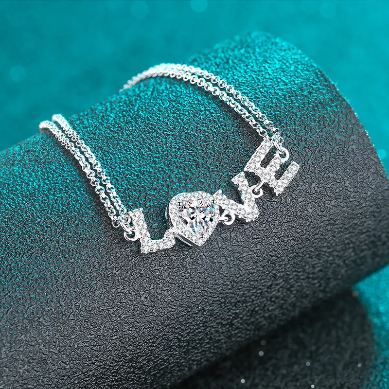 JECIRCON 925 Sterling Silver Moissanite Bracelet for Women PT950 Platinum Plated Valentine's Day Gift Fashion LOVE Hand Jewelry