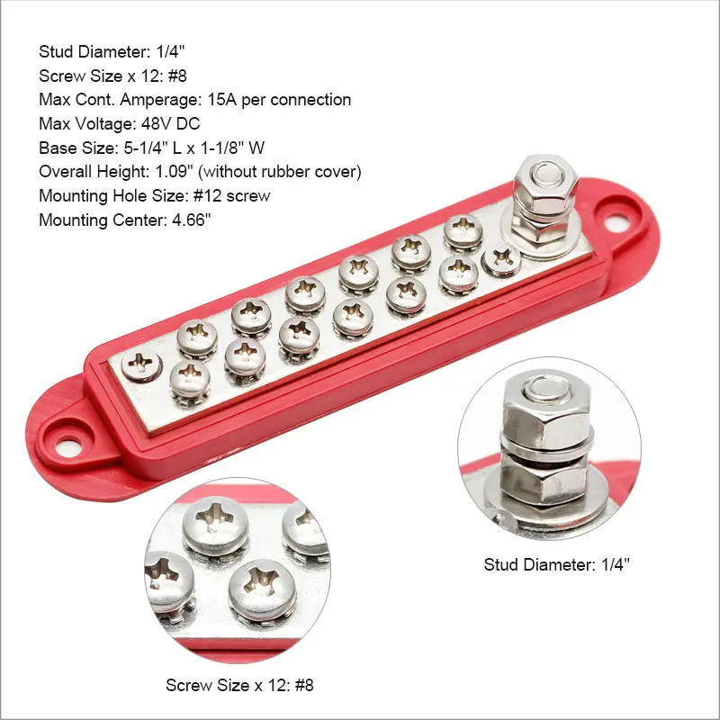 Barra Colectora De Distribución Eléctrica – Par (rojo Y Negro), 250A, 48V – Con 4 Bornes M8 Y 3 Tornillos M4 – Para Coche, Barco, Caravana