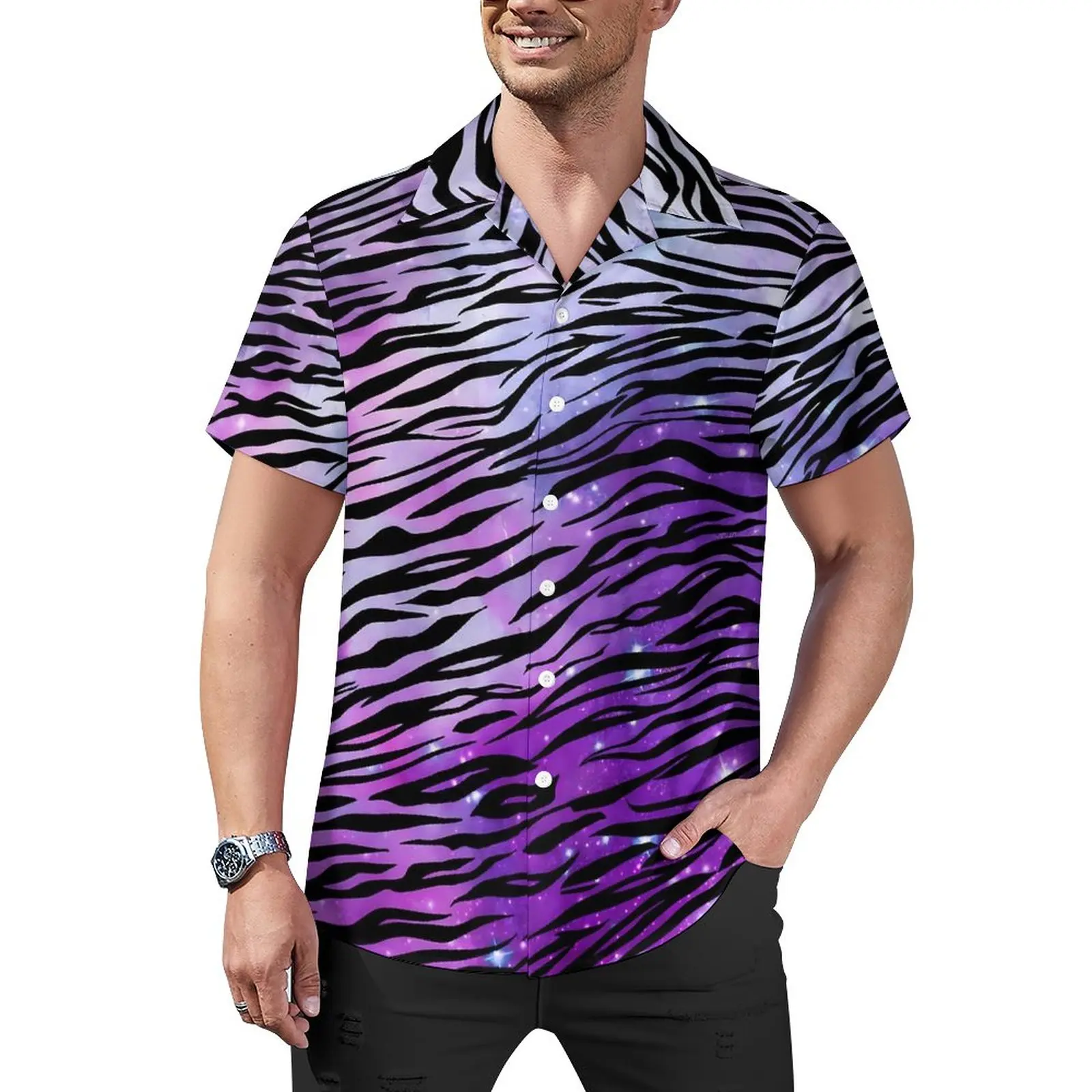 

Tiger Print Blouses Men Black and Purple Casual Shirts Hawaii Short Sleeve Printed Street Style Oversized Vacation Shirt Gift