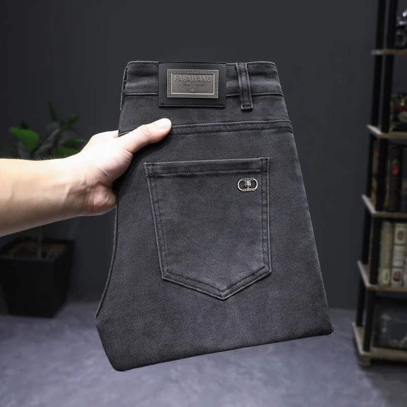 

2024 Gray Jeans Men's Trendy All-Match Straight Stretch Slim Fit Fashionable Simple High-End Quality Non-Stick Gray Trousers