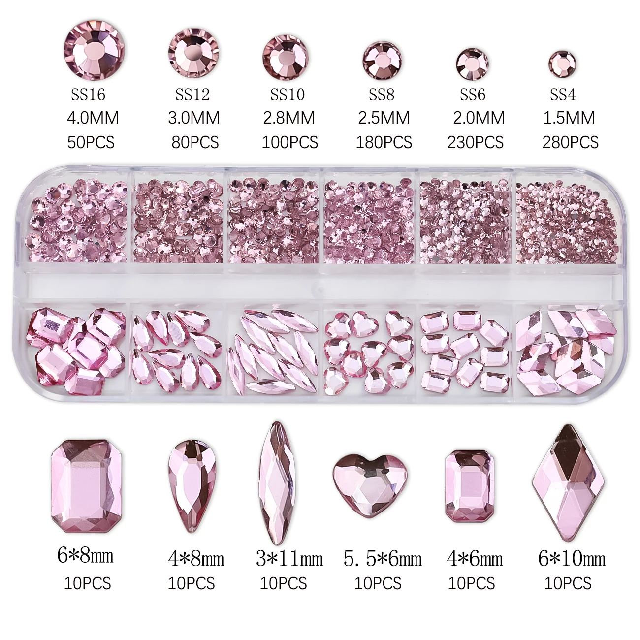 12Grids Crystal Nail Art Rhinestones Glass Mix Shapes AB Green Blue Pink Glitter Nail Gems Diamond Flatback Nail Stones Charms