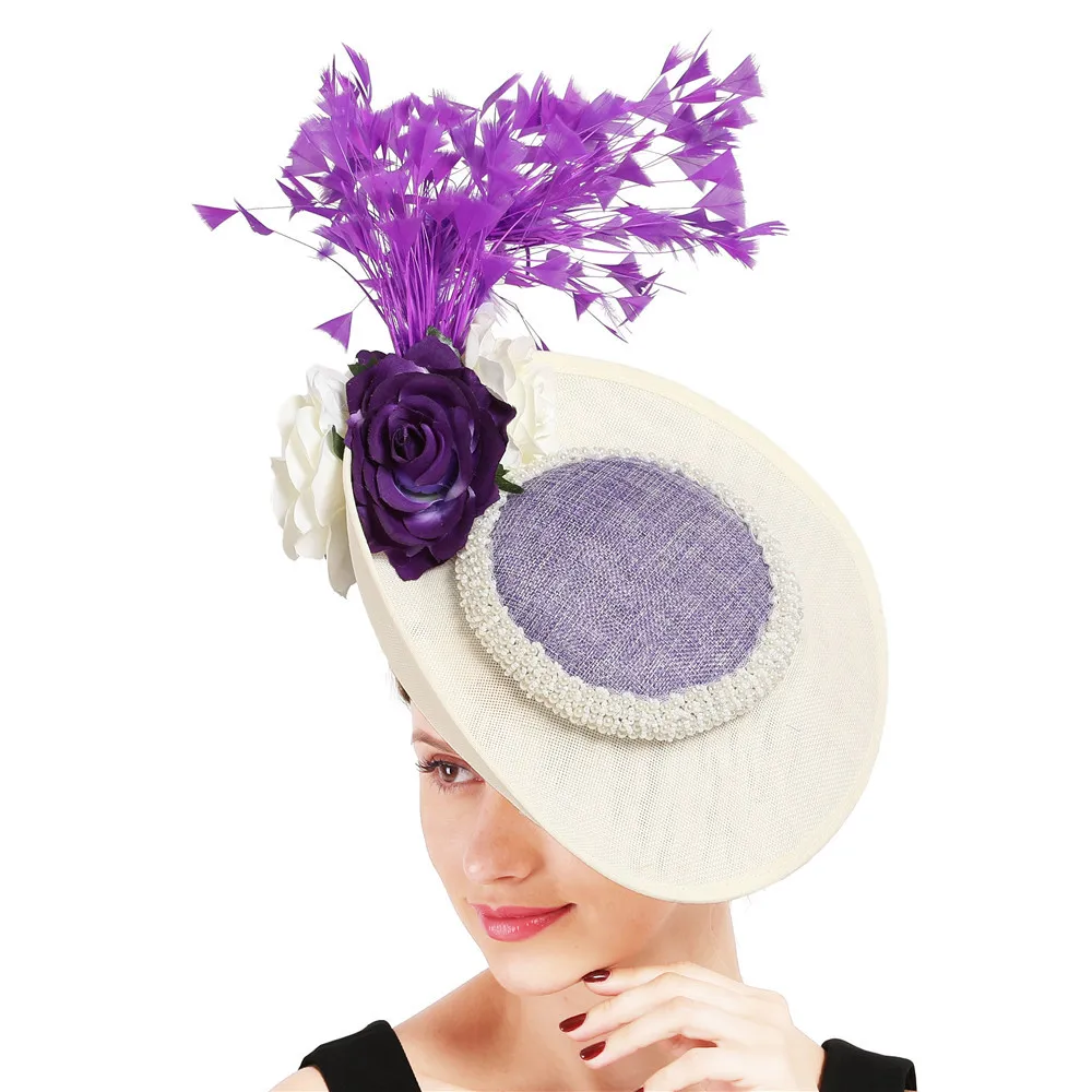 

Light Purple And Ivory Sinamay Fascinator Derby Hat Women Wedding Headwear Flower Feather Headpiece For Derby Church Chapeau Cap