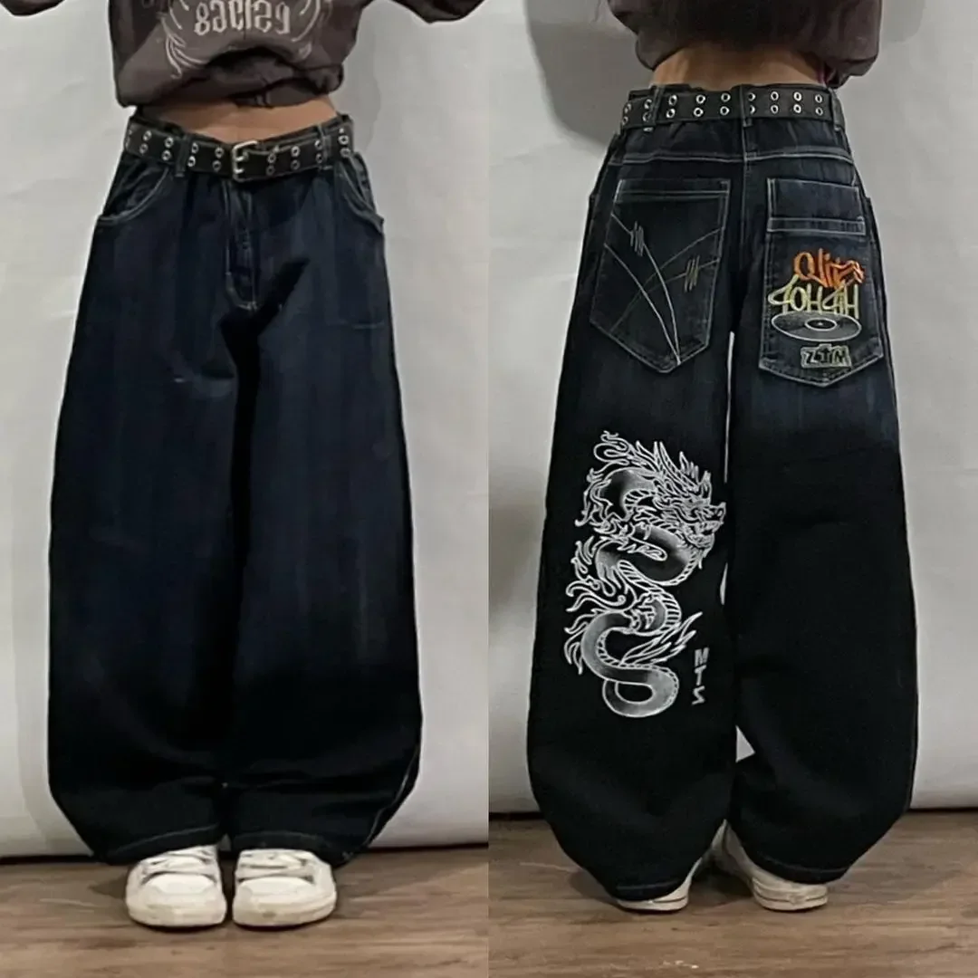 

2024 New Harajuku Popular Print Jeans Women Y2K Street Hip Hop Fashion Joker Straight Wide Leg Pants Punk Rock Casual Trousers