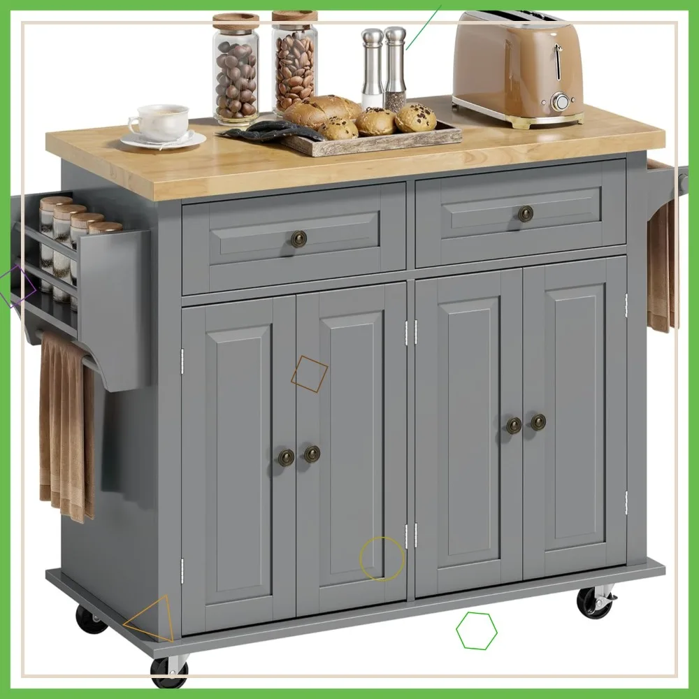 Rolling Kitchen Island Cart with Rubber Wood Top, Drawers, Adjustable Shelves, Spice Rack, Towel Rack, Gray 1