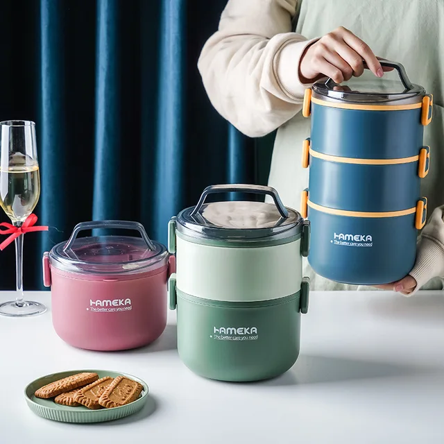 304 Rozsdamentes Acél Kerek Szigetelt Ebéddoboz Dupla Rétegű Háromrétegű Diák Anyag Többrétegű Vödör - Image 4