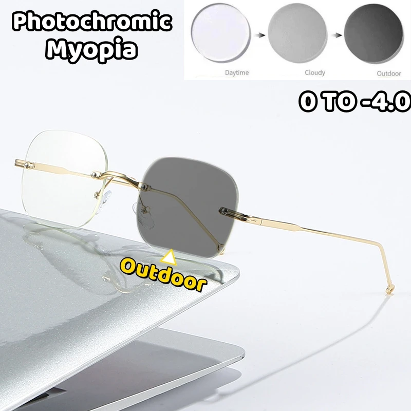 

Vintage Frameless Near Sight Glasses Anti-blue Photochromic Myopia Glasses Ultralights Men Women Prescription Finished Eyewear