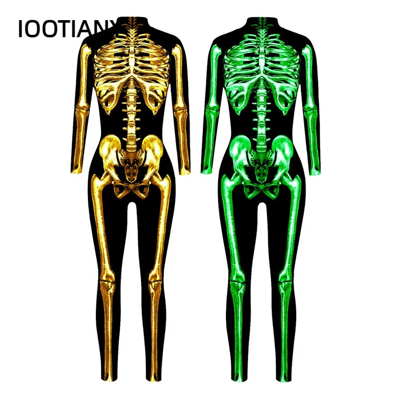 

IOOTIANY Halloween Cosplay Costumes Women Adult Gold Ghost Skeleton Print Bodysuit Long Sleeve Carnival Party Fancy monos mujer